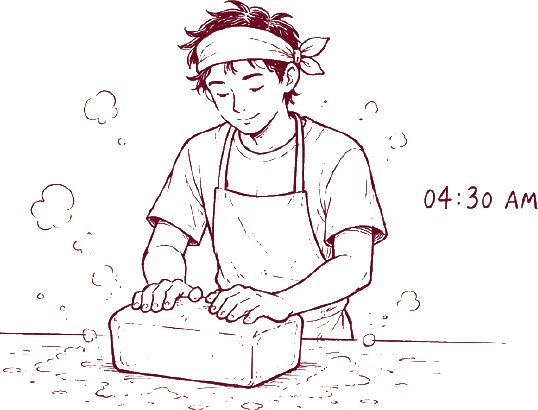 Line illustration of the baker kneading dough at 4:30 AM